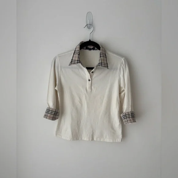 Burberry Blue Label Nova Check Collar Polo Top Cream Cotton Japan Small - Picture 2 of 12